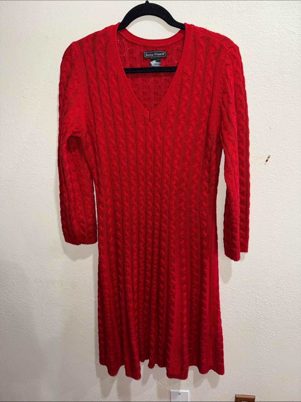 Jessica Howard Red Cable-Knit V-Neck Long-Sleeve Dress